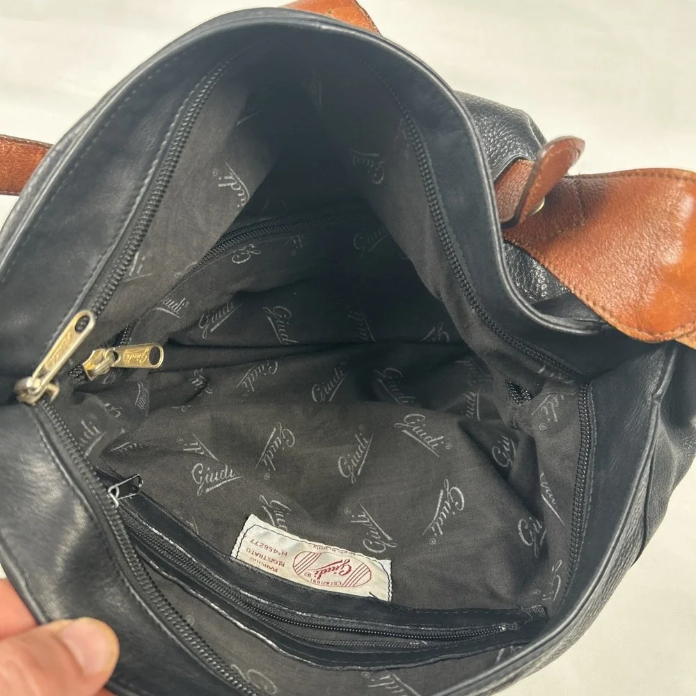 Vintage Giudi Black Brown Purse Pebbled Leather Hobo-Style Handbag Italy 456277